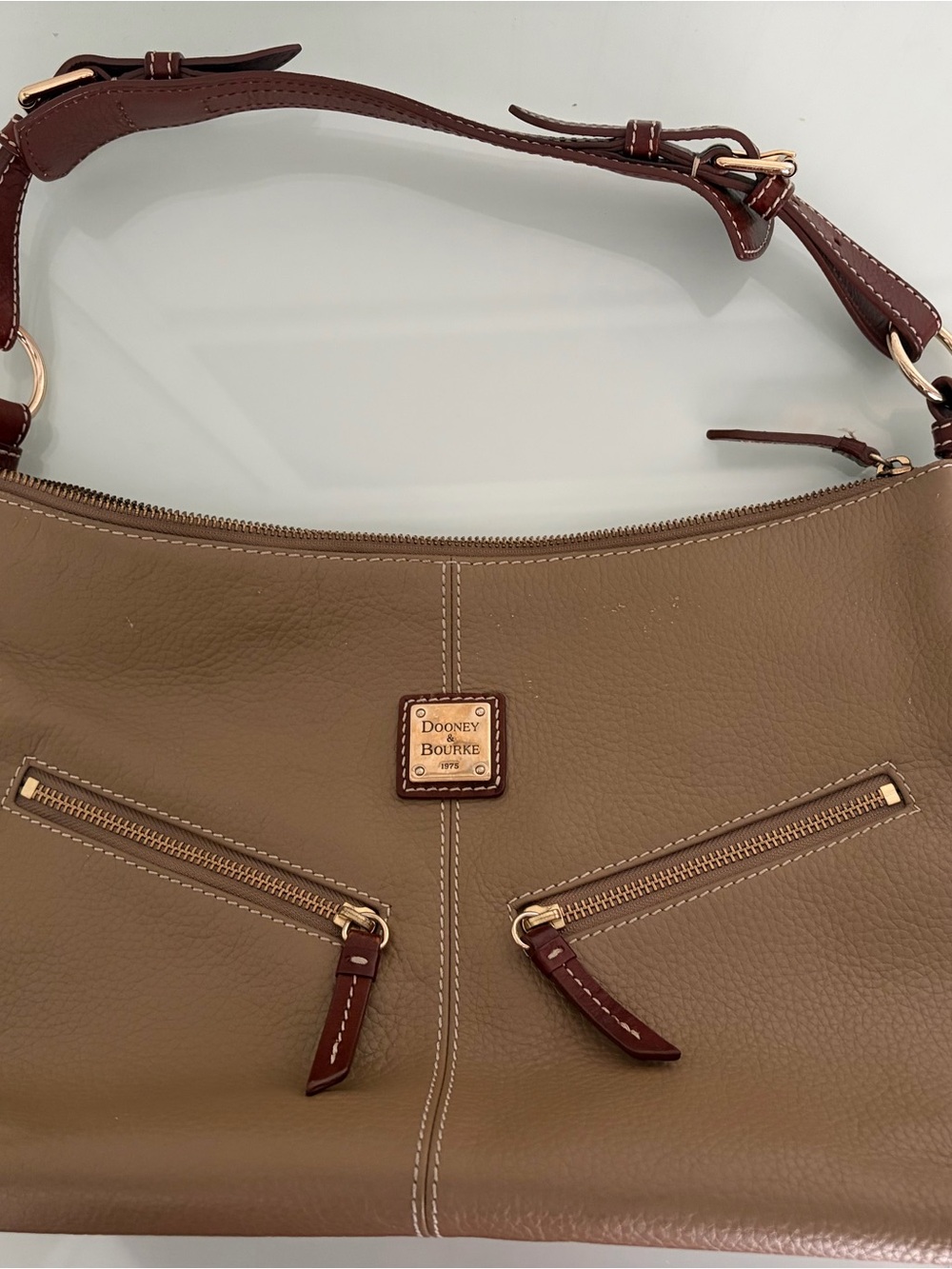 Dooney & Bourke Taupe Leather Shoulder Bag with Brown Trim
